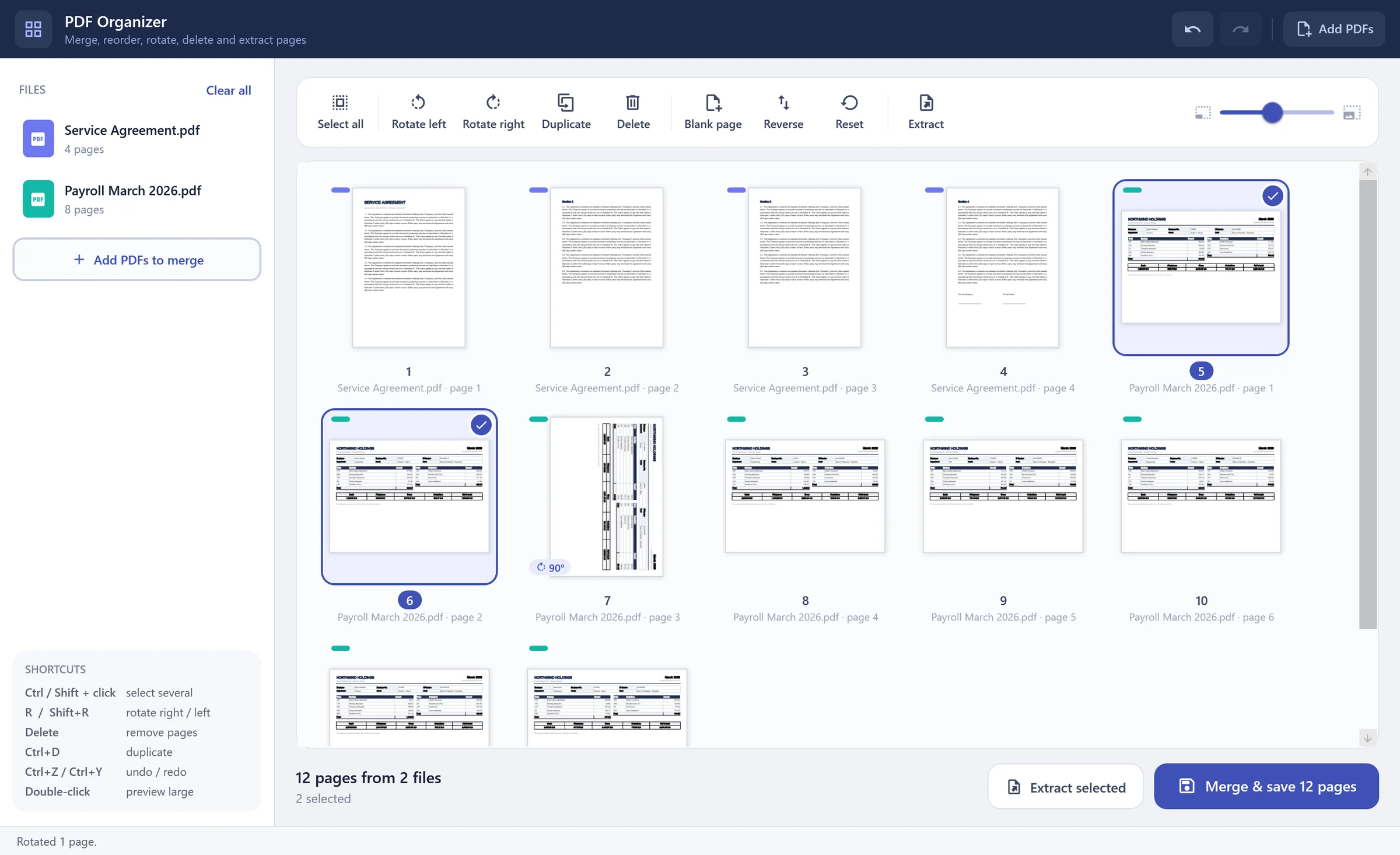 PDF Organizer showing page thumbnails from two merged PDFs